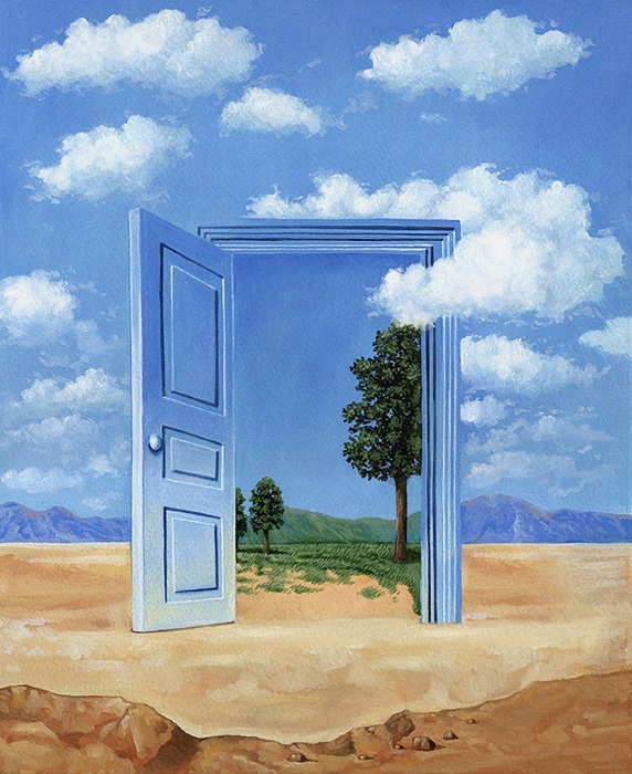 Green landscape through open door in desert Stock Images