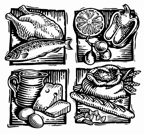 Black and white scraperboard engraving of food groups for healthy