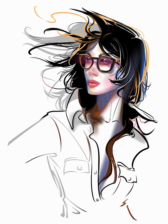 Fashion illustration of windswept woman wearing glasses Stock Images