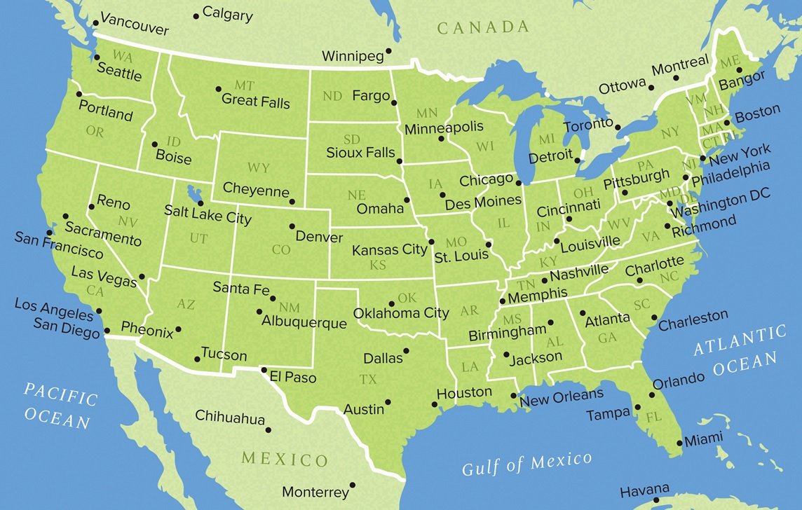 Us Map With States And Major Cities Labeled - United States Map