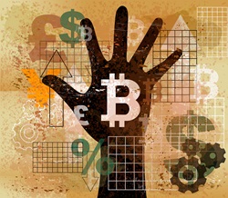 Hand choosing bitcoin from foreign currency symbols