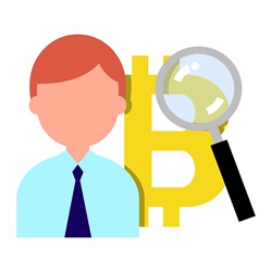 Man with bitcoin symbol and magnifying glass