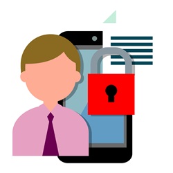 Man and smart phone with document and padlock