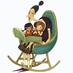 Woman in rocking chair reading story book to girls sitting on lap