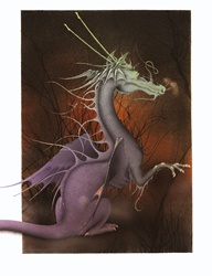 Fantasy image of calm grey dragon against brown background