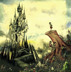 Fantasy image of old castle and elves on tree trunk