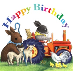 Hare, rabbit and mouse with farm animals and happy birthday sign on white background