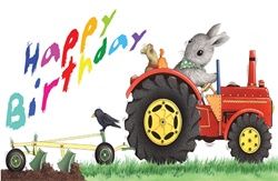 Rabbit and mouse plowing and happy birthday sign on white background
