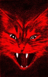 Cat with open mouth and fangs in red