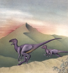 Dinosaurs running on hills