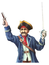 Pirate holding gun and sword