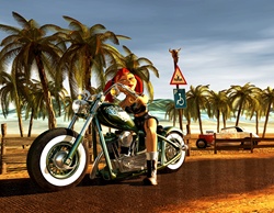 Young female on motorbike, palm trees in background
