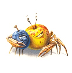 Anthropomorphic image of apple, plum and crab on white background