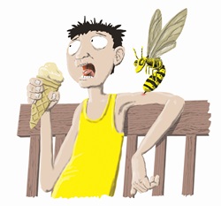 Man being stung by wasp while eating ice cream