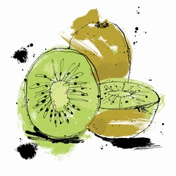 Whole and cut kiwi fruit