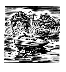 Motorboat on lake, castle in background