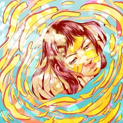 Young woman with head in swirl