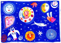 Animals, moon and sun with woman face against starry sky