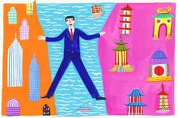 Businessman straddling the sea between East and West