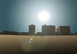 Field and residential blocks, sun flare