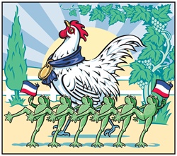 Hen with gold medal, frogs dancing with Yugoslavia flag