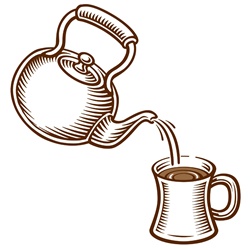 Kettle pouring water into mug, white background