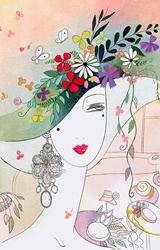 Beautiful woman wearing ornate floral hat in hat shop
