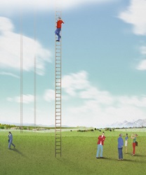 People on lawn looking at man climbing ladder leading to sky