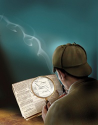 Sherlock Holmes reading newspaper through magnifying glass