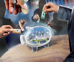 Business people investing money in transparent piggy bank containing renewable energy