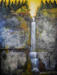 Painting of waterfall flowing down rock face