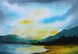Watercolour painting of birds flying over lake at twilight