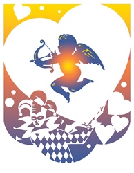 Clown holding heart with cupid