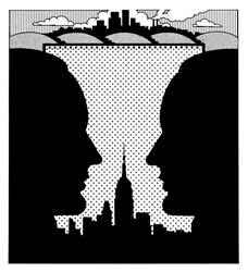 Silhouette of men with skyline in background