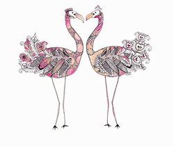 Two flamingos face to face forming heart shape with ornate patterned feathers