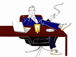 Arrogant businessman smoking cigarette with feet on desk