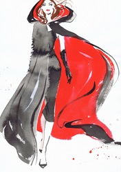 Fashion illustration of model wearing black dress and cloak