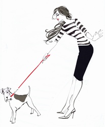 Wire fox terrier straining at the leash held by fashionable young woman