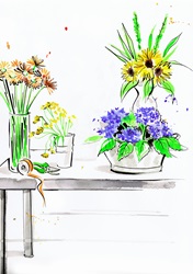 Watercolour painting of flower arranger's workbench