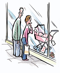 Woman and man looking at baby carriage in shop