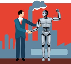 Businessman shaking hands with robot flexing muscles