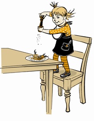 Girl standing on chair peppering meal