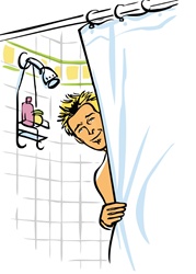 Young man peeking from behind shower curtain