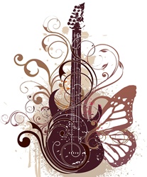 Electric guitar with butterfly wing and curled up plant