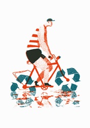 Man riding bike with recycling symbol wheels
