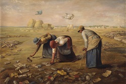 Parody of 'The Gleaners' by Jean-Francois Millet, picking rubbish not wheat