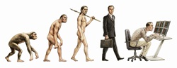 Evolution stages of man from walking on all fours back to bent over computer