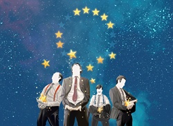Greedy businessmen catching stars falling from European Union symbol