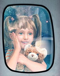 Excited child looking out of window at planets on futuristic space flight
