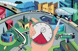 Hand holding stop watch in front of city with elevated trains